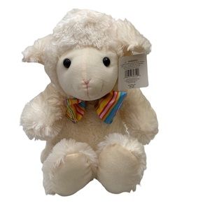 Sheep plush toy in white with rainbow colored bow Size OS